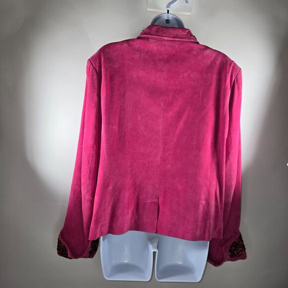 VTG Suede Jacket Coat Fuschia Sz M Long Sleeve Wooden beads Bohemian Hippie Fall - Picture 2 of 6